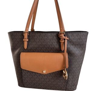 Michael Kors Brown Tote Bag with Monogram Pattern and Tan Leather Accents